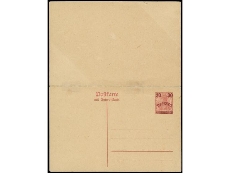1920, Doppelkarte 30 auf 10 Pfg. mit nicht überdrucktem Antwortteil, ungebraucht. Sicherheitshalber in der Faltung durch 2 Fa
